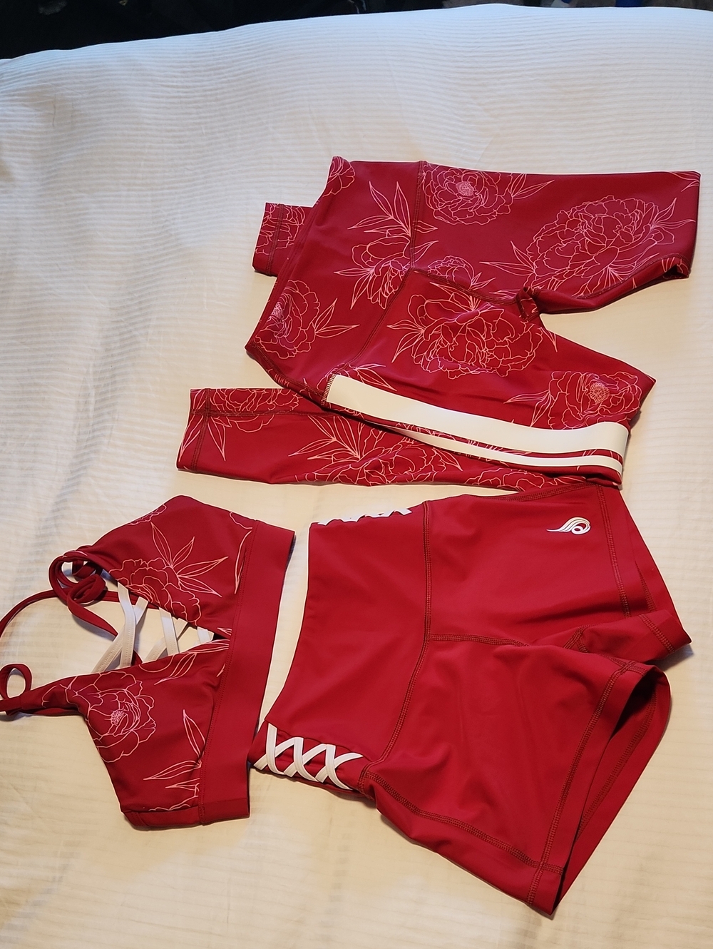 Ryderwear Red Floral Strappy Sports Top with High-Waist Shorts And Leggings Set